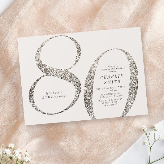 ミニマモダンリストすべての白パーティー80歳の誕生日 招待状