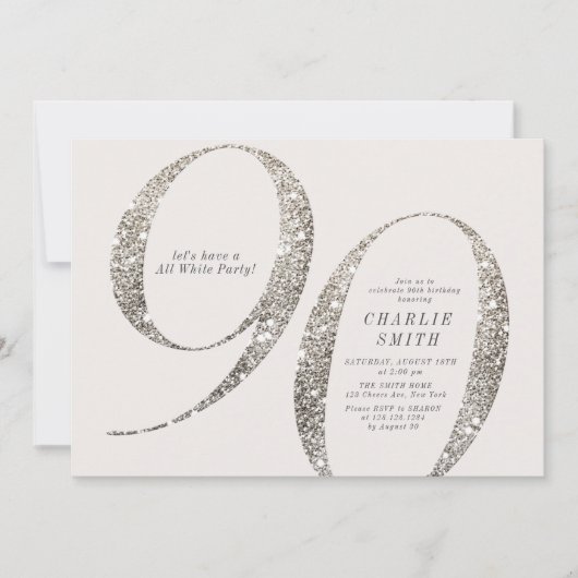 ミニマモダンリストすべての白パーティー90歳の誕生日 招待状 (正面)