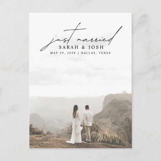 ミニマモダンリストたった今結婚しました結婚写真 案内ポストカード (正面)