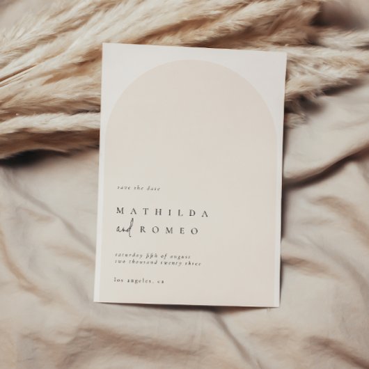 ミニマモダンリストのアーチベージュの結婚式は日付を保存 招待状