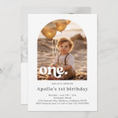 ミニマモダンリストのアーチ型フォトフレーム1st誕生日 招待状 (正面/裏面)