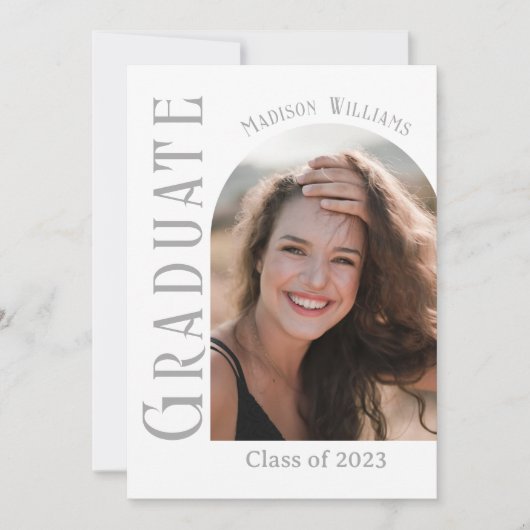 ミニマモダンリストのアーチ型写真卒業 招待状 (正面)