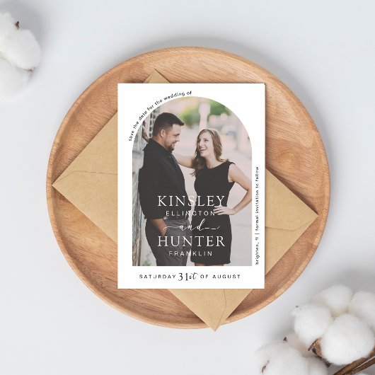 ミニマモダンリストのアーチ型写真日付の保存 セーブザデート