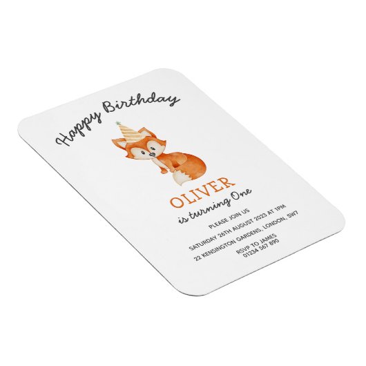 ミニマモダンリストのウッドランドキツネの最初の誕生日 マグネット (右側)