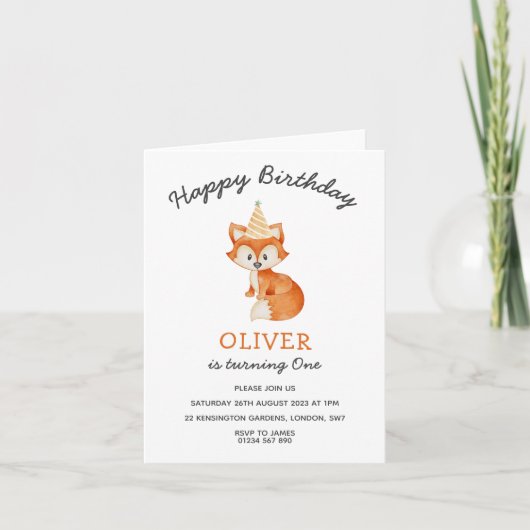ミニマモダンリストのウッドランドキツネの最初の誕生日 招待状 (正面)