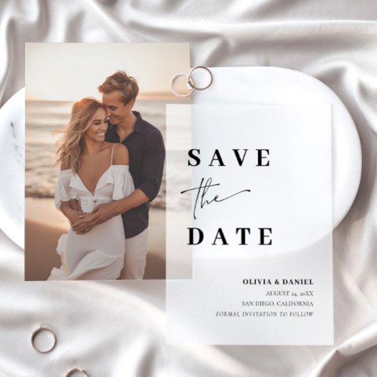 ミニマモダンリストのエレガント写真日付カードの保存 ベラム紙招待状