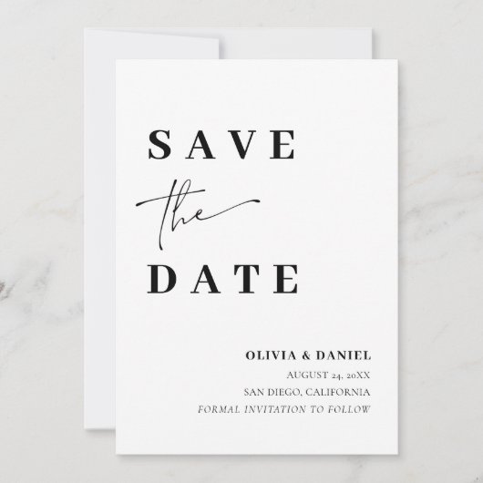 ミニマモダンリストのエレガント写真日付カードの保存 招待状 (正面)