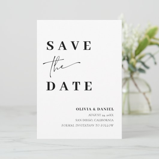 ミニマモダンリストのエレガント写真日付カードの保存 招待状 (スタンド正面)