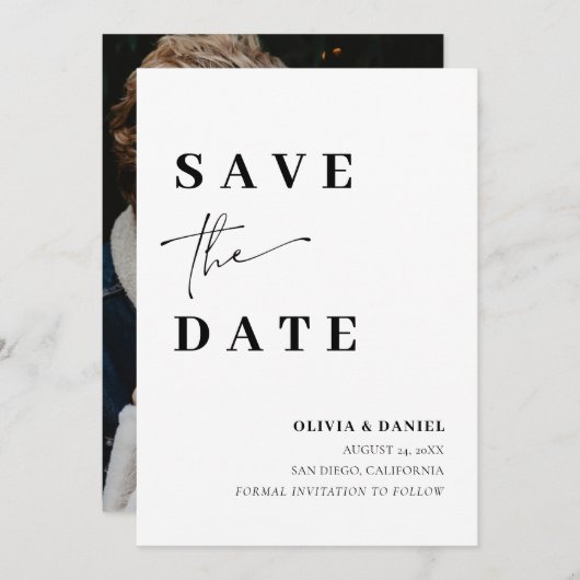 ミニマモダンリストのエレガント写真日付カードの保存 招待状 (正面/裏面)