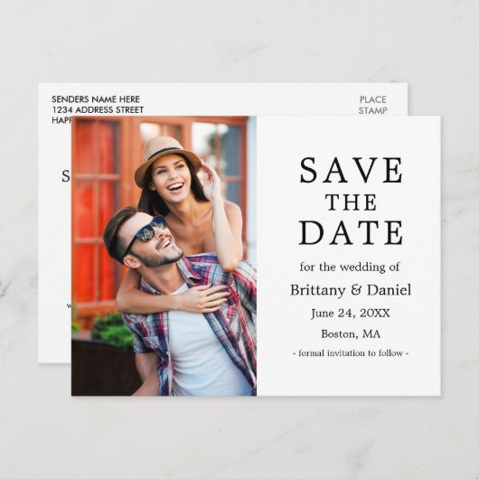 ミニマモダンリストのカップル写真の日付を保存 ポストカード (正面/裏面)