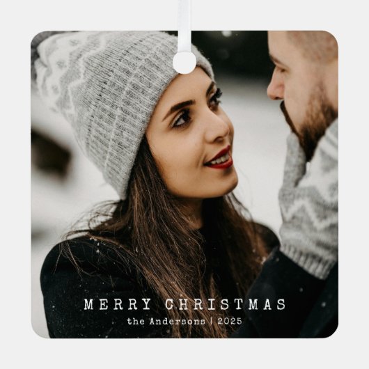 ミニマモダンリストのカップル写真メリークリスマス メタルオーナメント (正面)