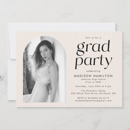 ミニマモダンリストのクリームフォト卒業パーティー 招待状 (正面)