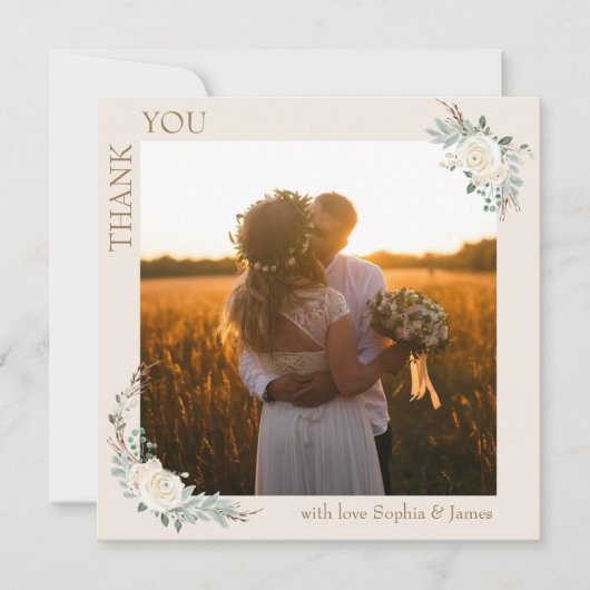 ミニマモダンリストのクリーム金ゴールド結婚フローラの写真 サンキューカード (正面)