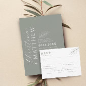 ミニマモダンリストのグリーン結婚セージ 招待状