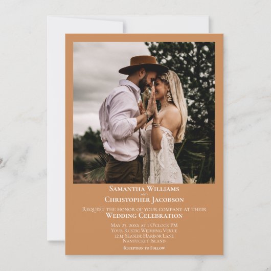 ミニマモダンリストのゴールデン結婚タン写真 招待状 (正面)