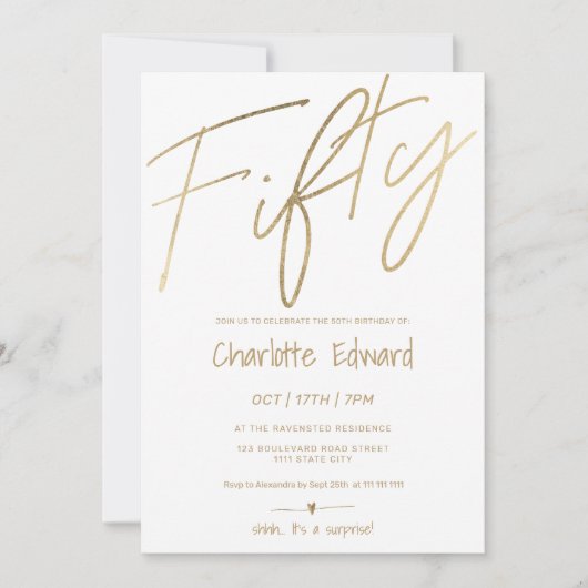 ミニマモダンリストのシック金ゴールド写真サプライズ50 招待状 (正面)