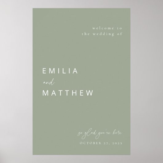 ミニマモダンリストのセージ結婚グリーンの歓迎サイン ポスター (正面)