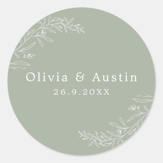 ミニマモダンリストのセージ結婚グリーン封筒用シール ラウンドシール (正面)