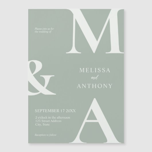 ミニマモダンリストのセージ結婚グリーン マグネット招待状 (正面)