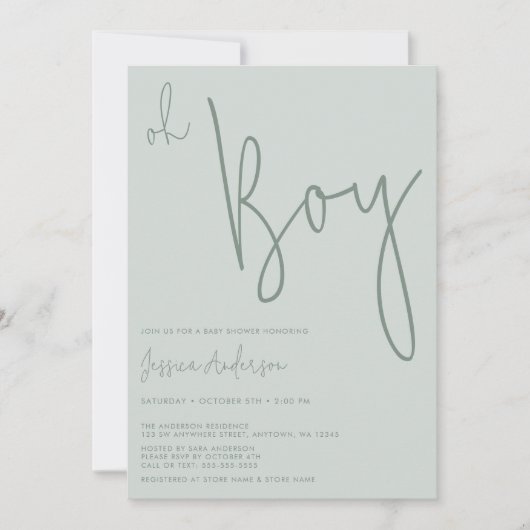 ミニマモダンリストのセージ緑の男の子ベイビーシャワー 招待状 (正面)