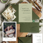 ミニマモダンリストのセージ緑の結婚写真 招待状