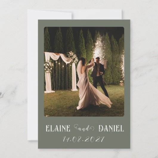 ミニマモダンリストのセージ緑の結婚写真 招待状 (裏面)