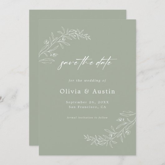 ミニマモダンリストのセージ緑の結婚式の日付を保存 招待状 (正面/裏面)
