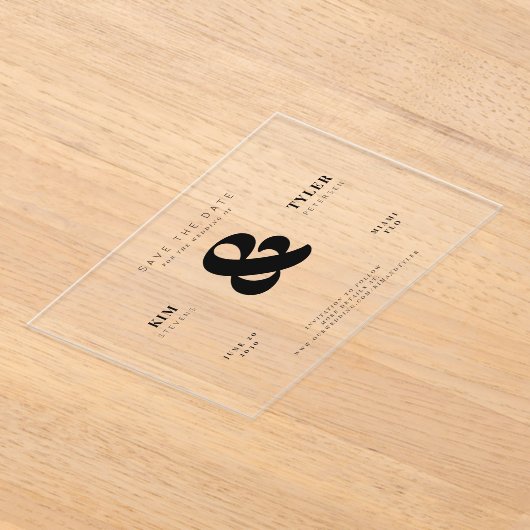 ミニマモダンリストのタイポグラフィ結婚式の日付を保存 アクリル招待状 (レイダウン)