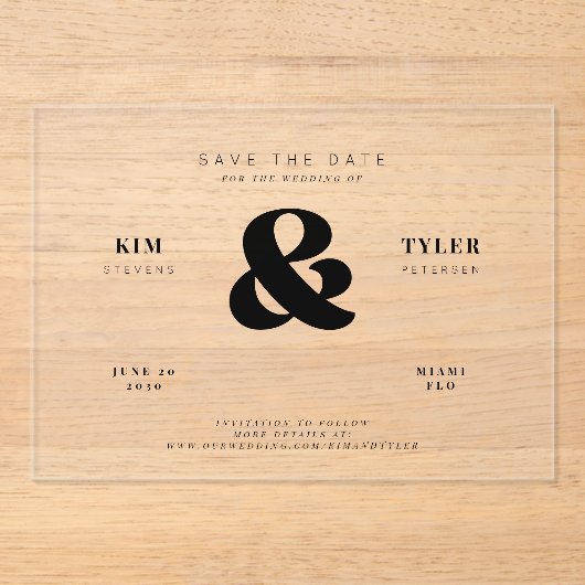 ミニマモダンリストのタイポグラフィ結婚式の日付を保存 アクリル招待状 (正面)