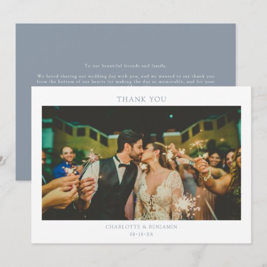 ミニマモダンリストのダスティ・ブルー結婚フォト サンキューカード (正面/裏面)