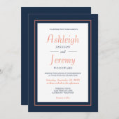 ミニマモダンリストのネイビーブルーとコーラル結婚ズ 招待状 (正面/裏面)