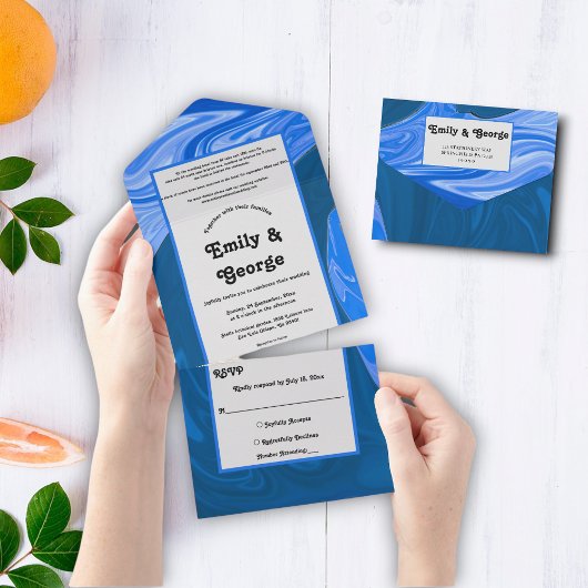 ミニマモダンリストのネイビーブルーウェーブの抽象芸術結婚ズ オールインワン招待状