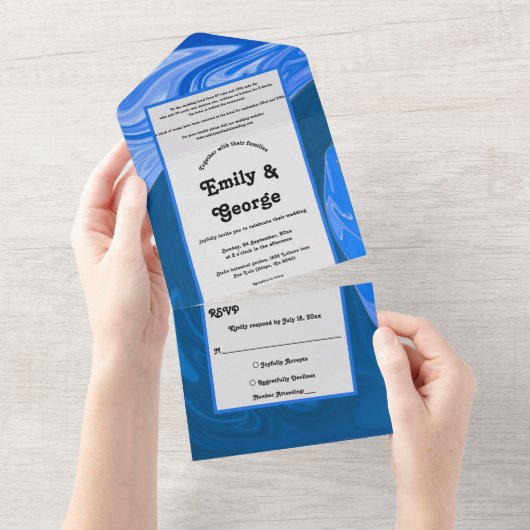 ミニマモダンリストのネイビーブルーウェーブの抽象芸術結婚ズ オールインワン招待状 (貼ってはがせる)