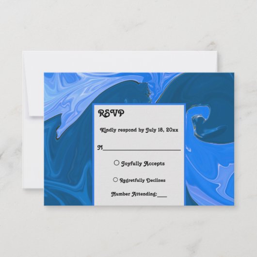 ミニマモダンリストのネイビーブルーウェーブの抽象芸術結婚ズ 出欠カード (正面)