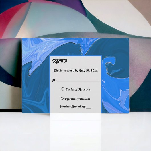 ミニマモダンリストのネイビーブルーウェーブの抽象芸術結婚ズ 出欠カード