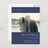 ミニマモダンリストのネイビーブルー写真日付を保存 ポストカード (正面/裏面)