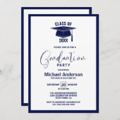 ミニマモダンリストのネイビーブルー卒業パーティー 招待状 (正面/裏面)