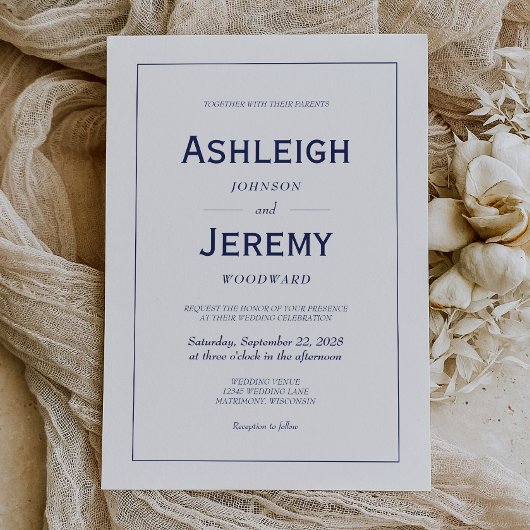 ミニマモダンリストのネイビーブルー結婚ホワイト 招待状