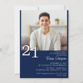 ミニマモダンリストのネイビーブルー21歳の誕生日 招待状 (正面)