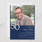 ミニマモダンリストのネイビーブルー50誕生日 招待状 (正面)