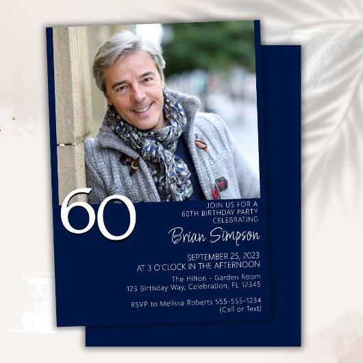 ミニマモダンリストのネイビーブルー60誕生日 招待状