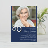 ミニマモダンリストのネイビーブルー80誕生日 招待状 (スタンド正面)