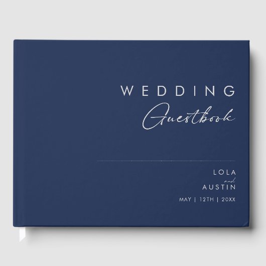 ミニマモダンリストのネイビーブルー |シルバー結婚ズ ゲストブック (正面)