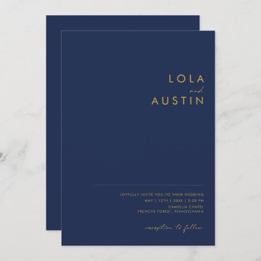 ミニマモダンリストのネイビーブルー |金ゴールドカジュアル結婚s 招待状 (正面/裏面)