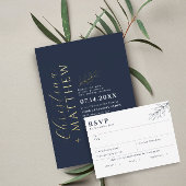 ミニマモダンリストのネイビー結婚ルズ金ゴールド 箔招待状