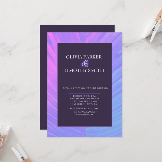 ミニマモダンリストのネオン熱帯結婚ヤシ 招待状 (正面/裏面インサイチュ)