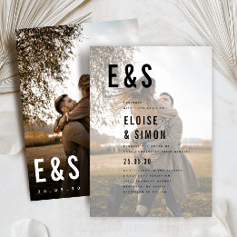 ミニマモダンリストのビッはっきりしたク・モノグラ結婚ム写真 招待状