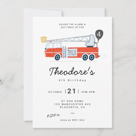 ミニマモダンリストのファイアマン誕生日パーティー 招待状 (正面)