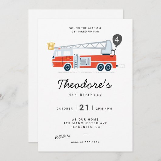 ミニマモダンリストのファイアマン誕生日パーティー 招待状 (正面/裏面)