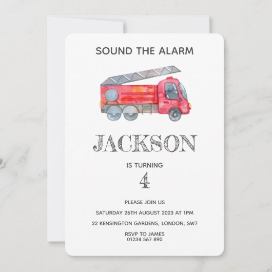 ミニマモダンリストのファイアマン誕生日パーティー 招待状 (正面)